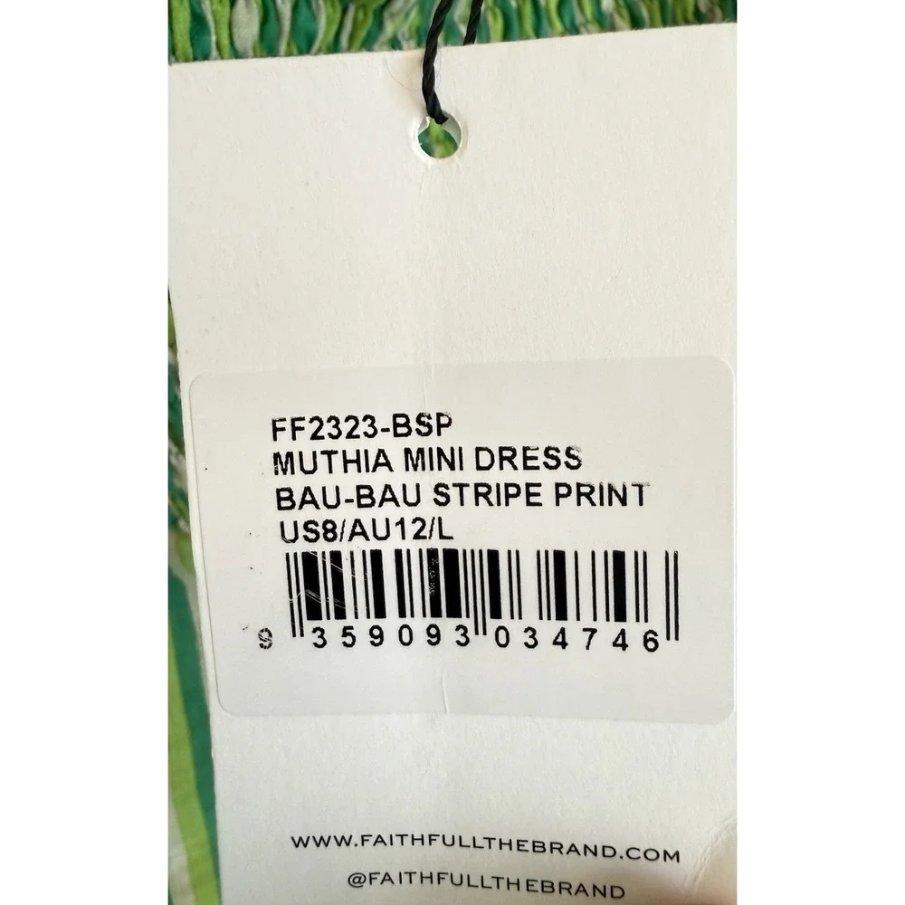 Faithfull The Brand Muthia Mini Dress Womens 8 Green Bau-Bau Stripe Tie Shoulder